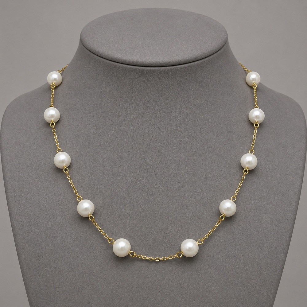 Premier Designs Necklace Gold Tone Faux Pearl Station Chain Necklace 18 Inch